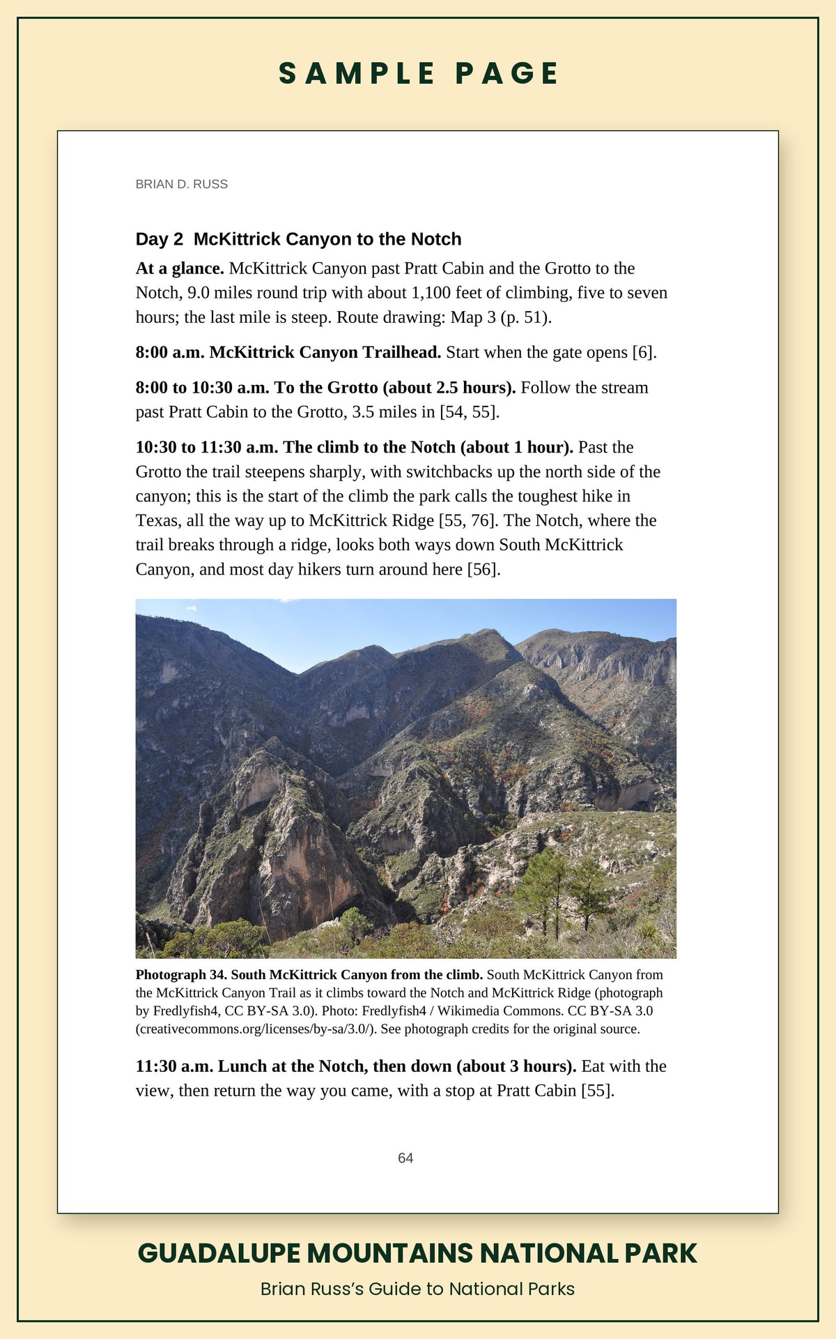 Sample page from the Guadalupe Mountains National Park guide, a day itinerary with times, distances, and a photograph: South McKittrick Canyon from the climb.