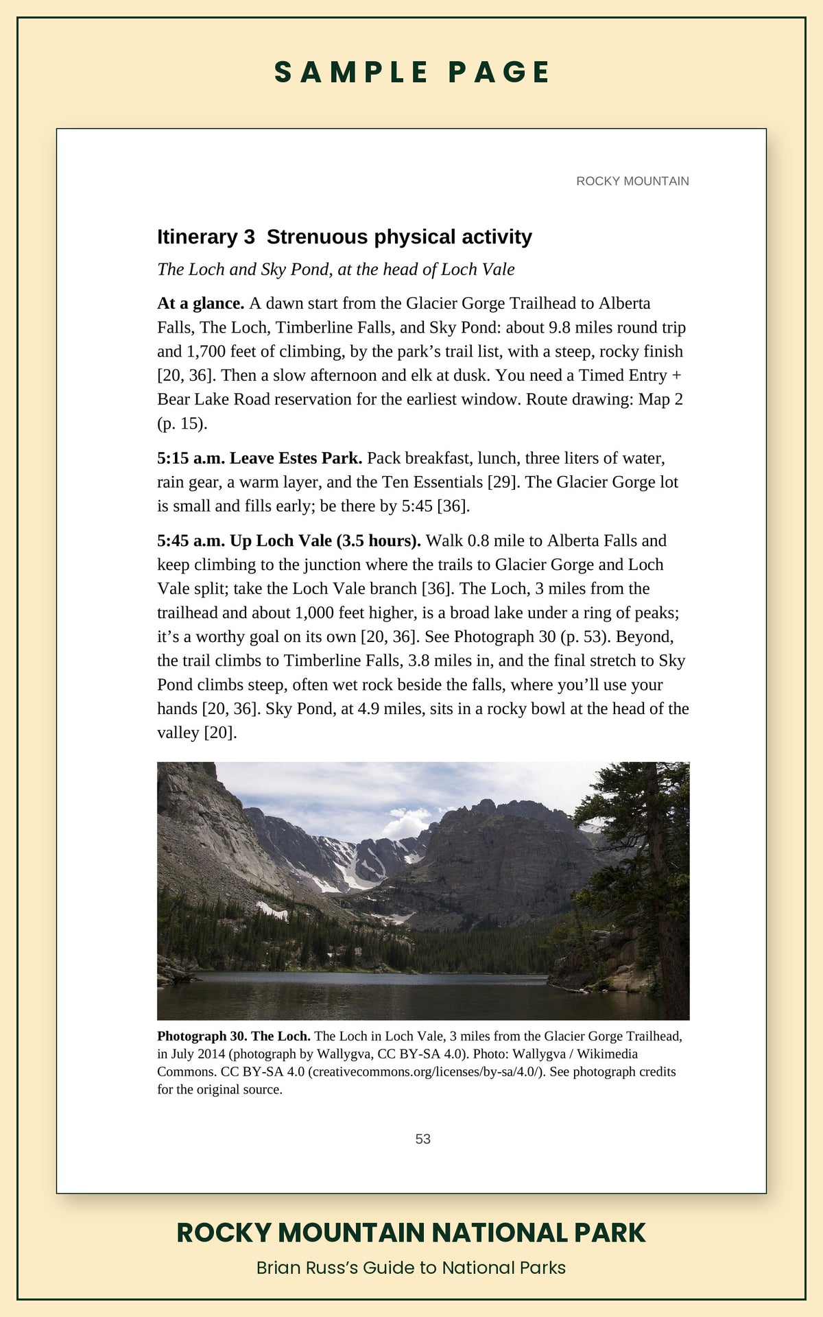 Sample page from the Rocky Mountain National Park guide, a day itinerary with times, distances, and a photograph: The Loch.