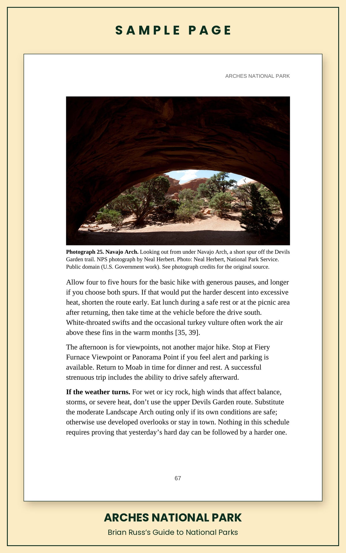 Sample page from the Arches National Park guide, a day itinerary with times, distances, and a photograph: Navajo Arch.