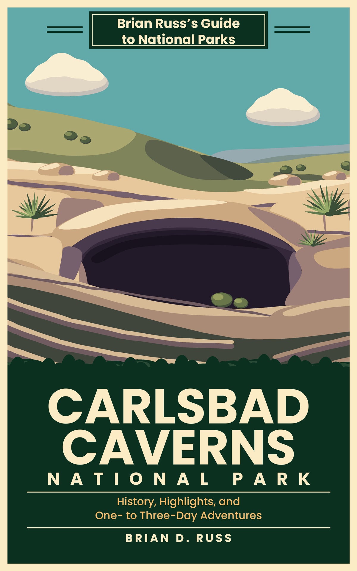 Illustrated cover in a vintage screen-print poster style: the dark, arched mouth of the Natural Entrance of Carlsbad Cavern under a pale limestone brow, seen across the curved stone seats of the Bat Flight Amphitheater, with a green desert hillside, spiky sotol plants, and two rounded clouds in a teal sky, above the title Carlsbad Caverns National Park