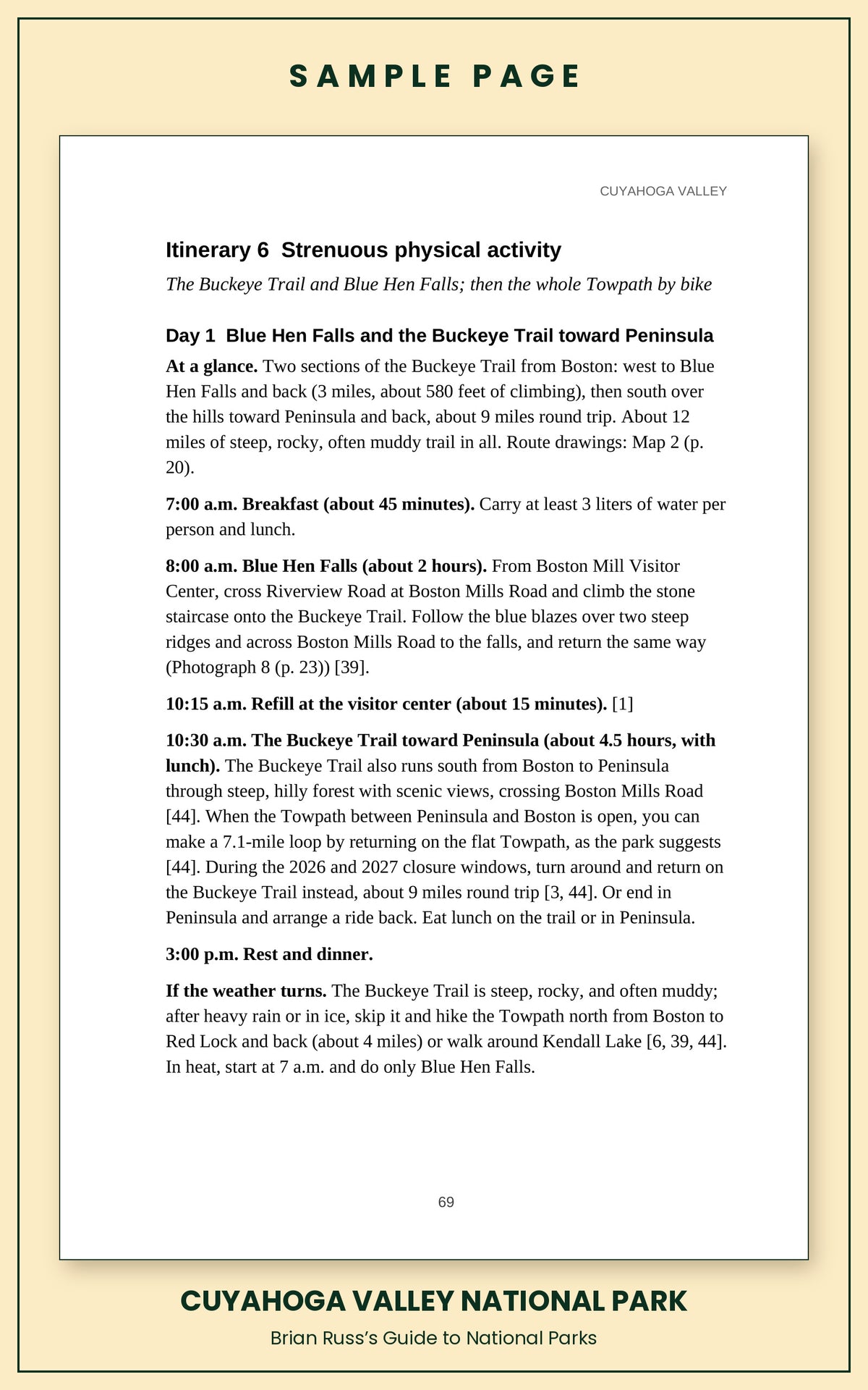 Sample page from the Cuyahoga Valley National Park guide, a day itinerary with times and distances. Day 1: Blue Hen Falls and the Buckeye Trail toward Peninsula.