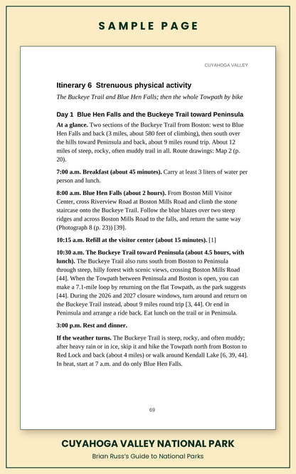 Sample page from the Cuyahoga Valley National Park guide, a day itinerary with times and distances. Day 1: Blue Hen Falls and the Buckeye Trail toward Peninsula.