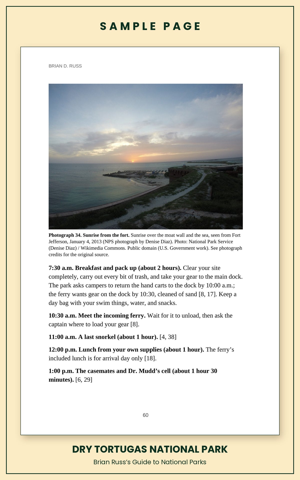 Sample page from the Dry Tortugas National Park guide, a day itinerary with times, distances, and a photograph: Sunrise from the fort.