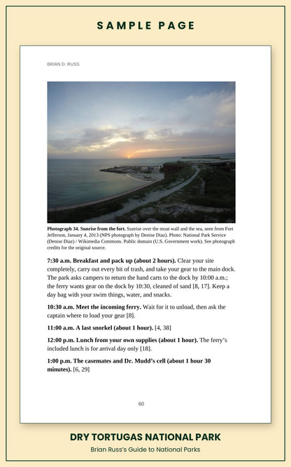 Sample page from the Dry Tortugas National Park guide, a day itinerary with times, distances, and a photograph: Sunrise from the fort.