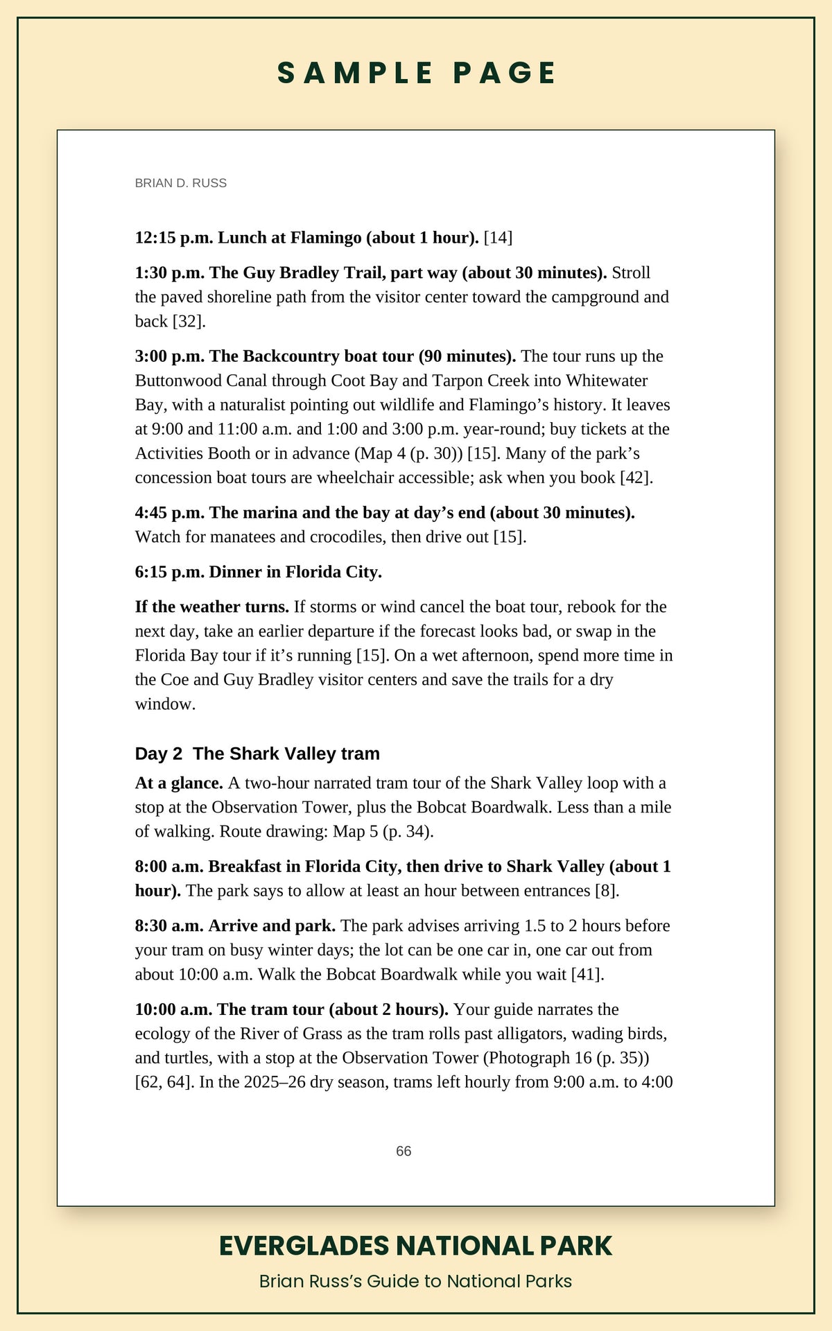 Sample page from the Everglades National Park guide, a day itinerary with times and distances. Day 2: The Shark Valley tram.