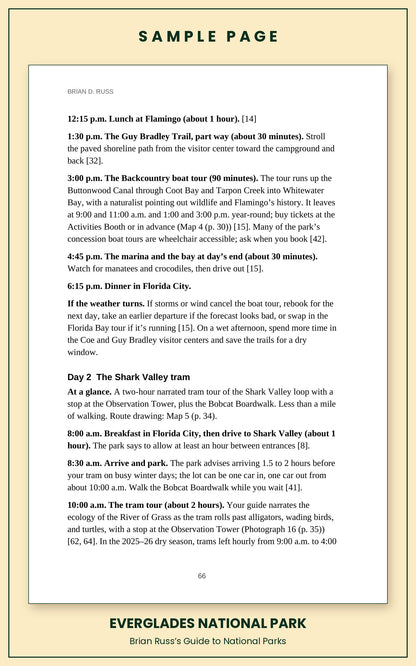 Sample page from the Everglades National Park guide, a day itinerary with times and distances. Day 2: The Shark Valley tram.