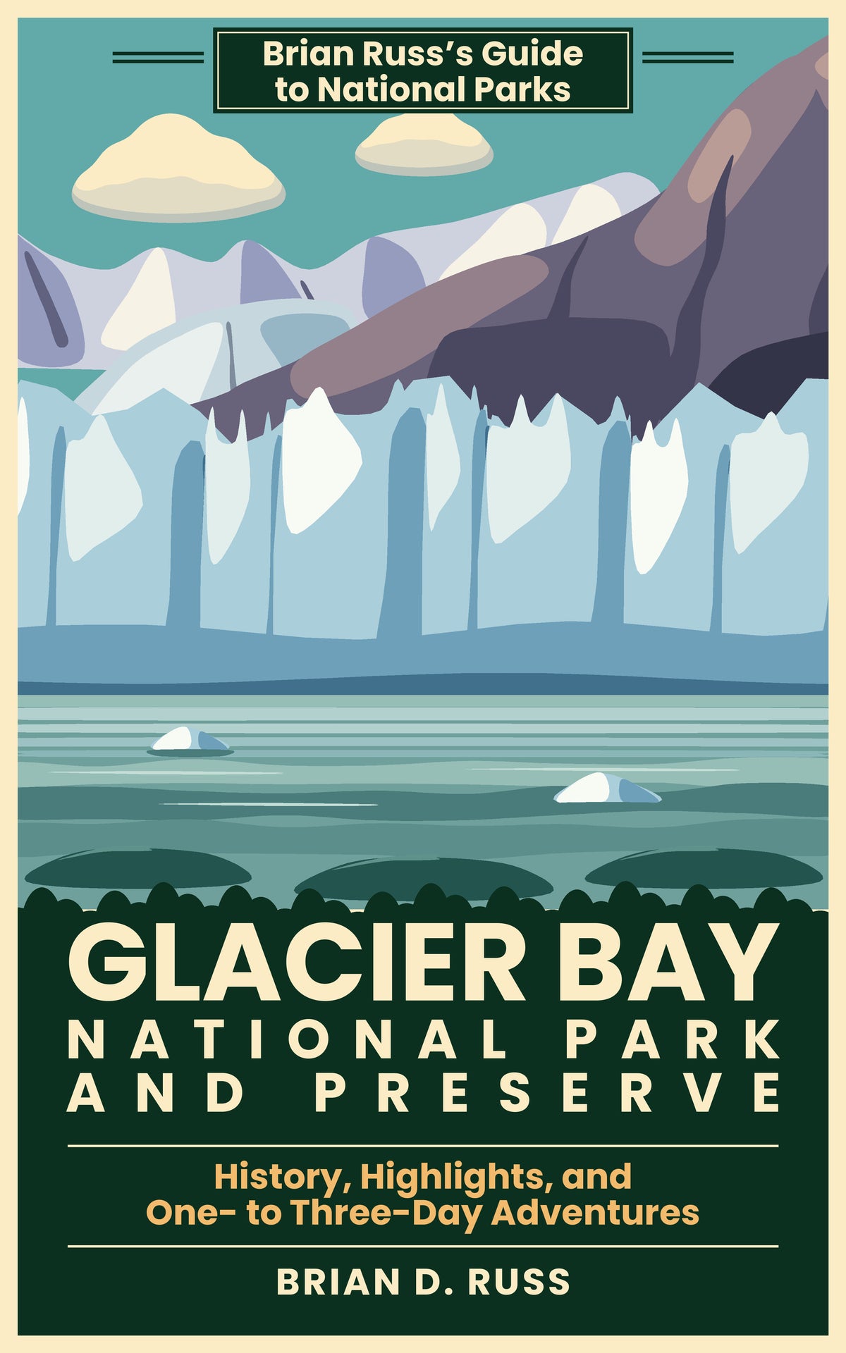 Illustrated cover in vintage travel-poster style: the broken blue-white ice cliff of Margerie Glacier meeting green water, with snowy peaks of the Fairweather Range and a dark mountain behind it, under a teal sky with cream clouds, above the title Glacier Bay National Park and Preserve.