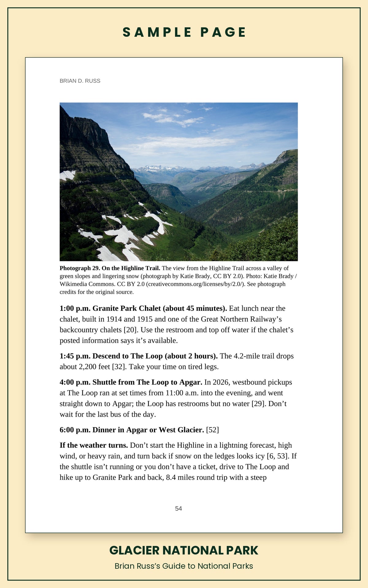 Sample page from the Glacier National Park guide, a day itinerary with times, distances, and a photograph: On the Highline Trail.