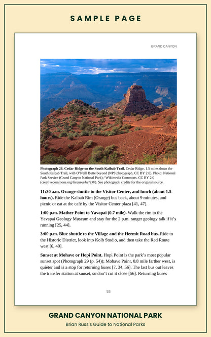 Sample page from the Grand Canyon National Park guide, a day itinerary with times, distances, and a photograph: Cedar Ridge on the South Kaibab Trail.
