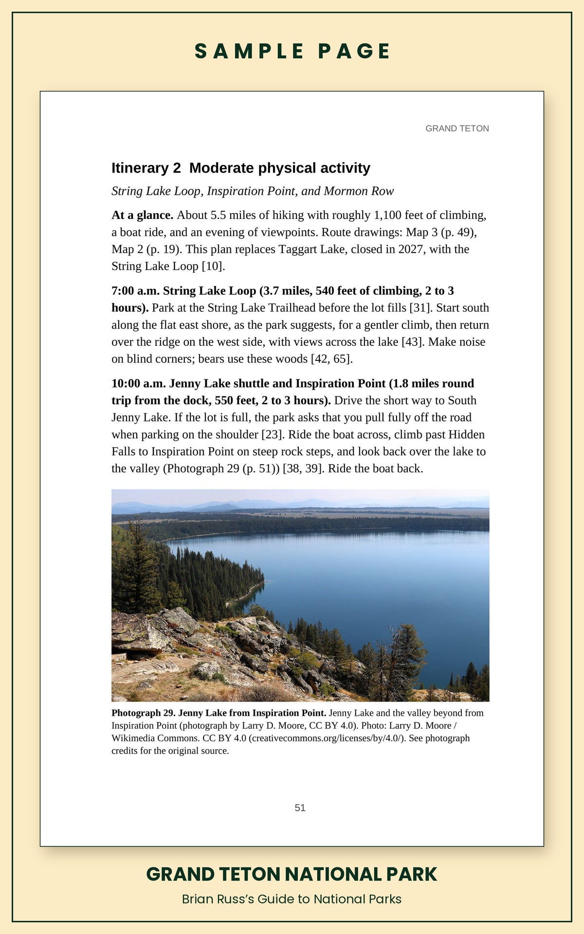 Sample page from the Grand Teton National Park guide, a day itinerary with times, distances, and a photograph: Jenny Lake from Inspiration Point.