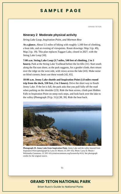 Sample page from the Grand Teton National Park guide, a day itinerary with times, distances, and a photograph: Jenny Lake from Inspiration Point.