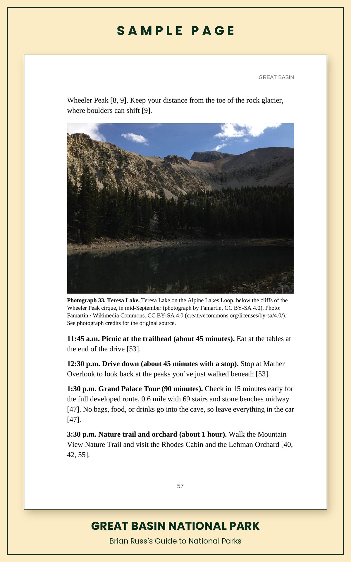 Sample page from the Great Basin National Park guide, a day itinerary with times, distances, and a photograph: Teresa Lake.