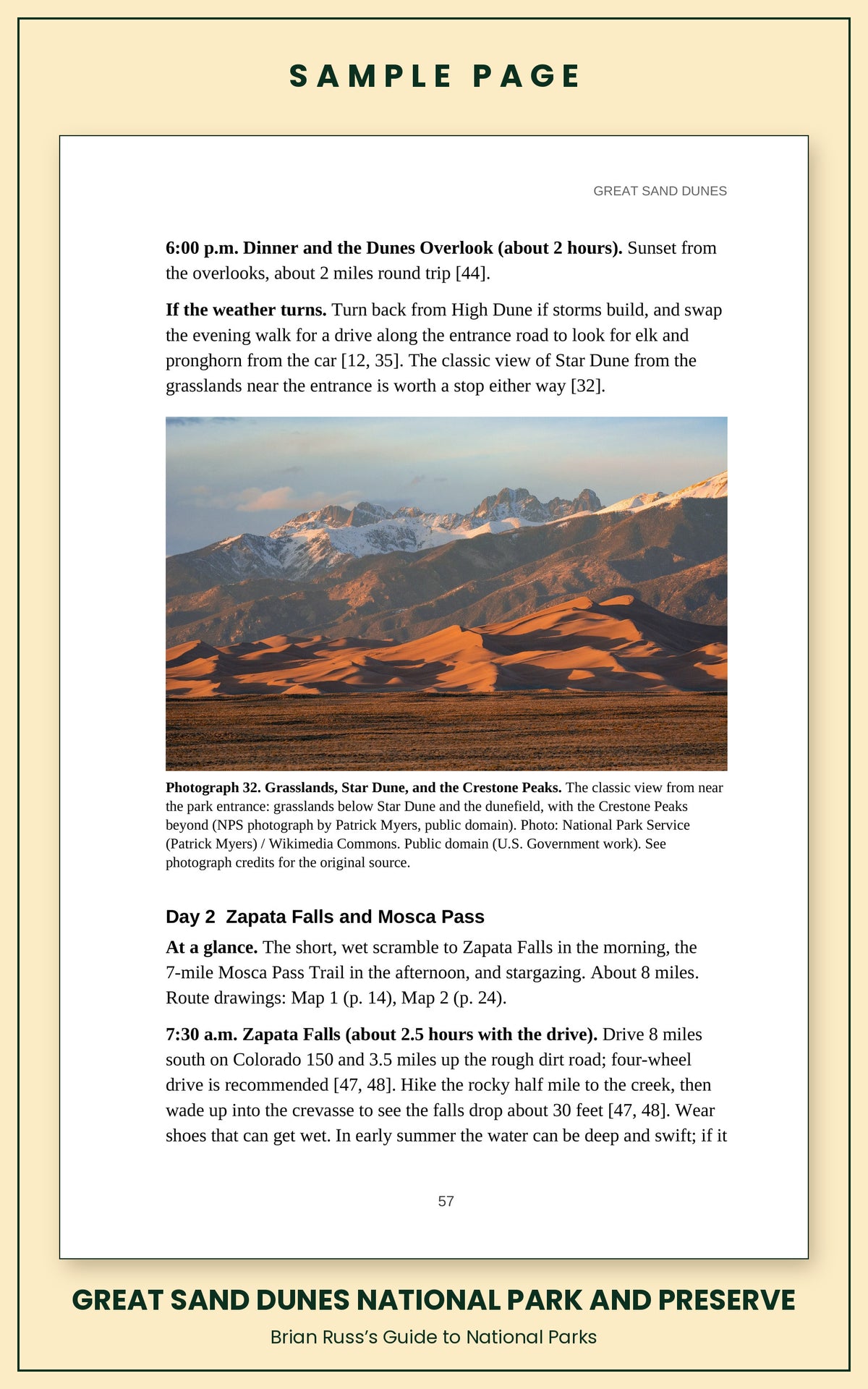 Sample page from the Great Sand Dunes National Park and Preserve guide, a day itinerary with times, distances, and a photograph: Grasslands, Star Dune, and the Crestone Peaks.