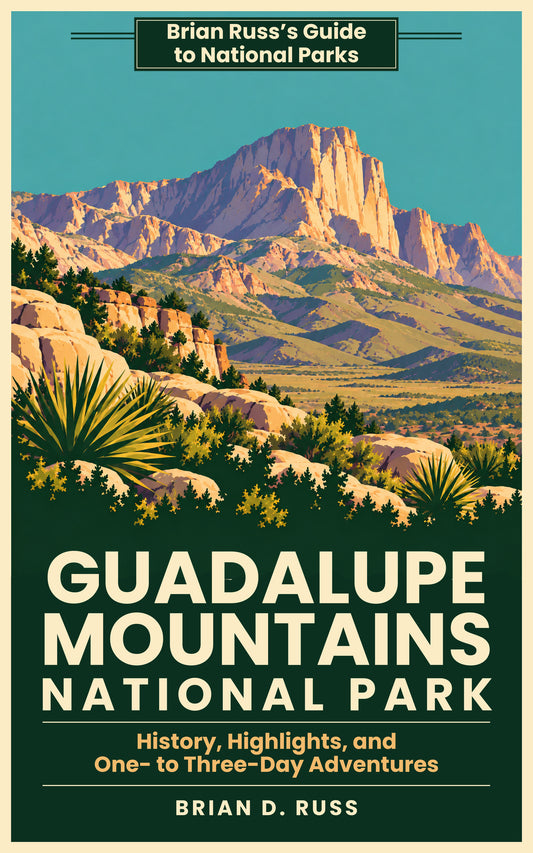 Front cover in a vintage screen-print poster style: El Capitan, the sheer limestone cliff at the south end of the Guadalupe Mountains, glowing pink and gold above green foothills and a desert valley, framed by yuccas, pale boulders, and dark shrubs under a teal sky, above the title Guadalupe Mountains National Park.