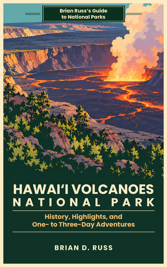 Front cover in a vintage screen-print poster style: a view across Kīlauea's caldera, its cliffs lit gold, to an erupting vent with a billowing cloud of steam, while glowing lava channels wind across the dark caldera floor and green trees line the near rim, above the title Hawaiʻi Volcanoes National Park.