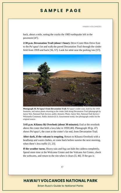 Sample page from the Hawaiʻi Volcanoes National Park guide, a day itinerary with times, distances, and a photograph: Puʻupuaʻi from Devastation Trail.