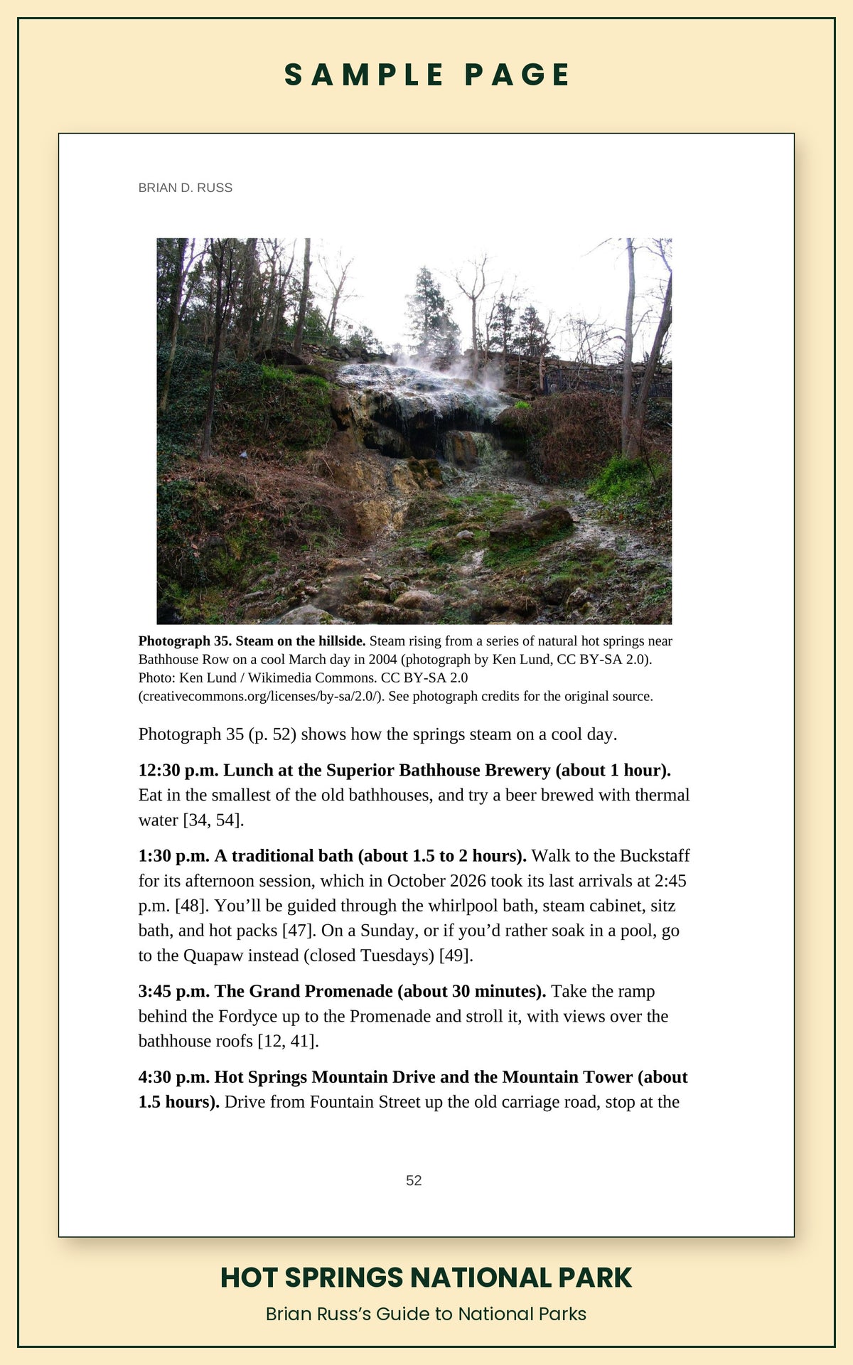Sample page from the Hot Springs National Park guide, a day itinerary with times, distances, and a photograph: Steam on the hillside.
