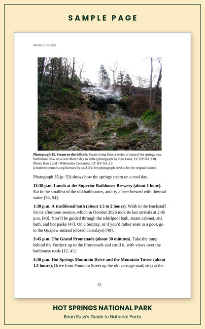 Sample page from the Hot Springs National Park guide, a day itinerary with times, distances, and a photograph: Steam on the hillside.