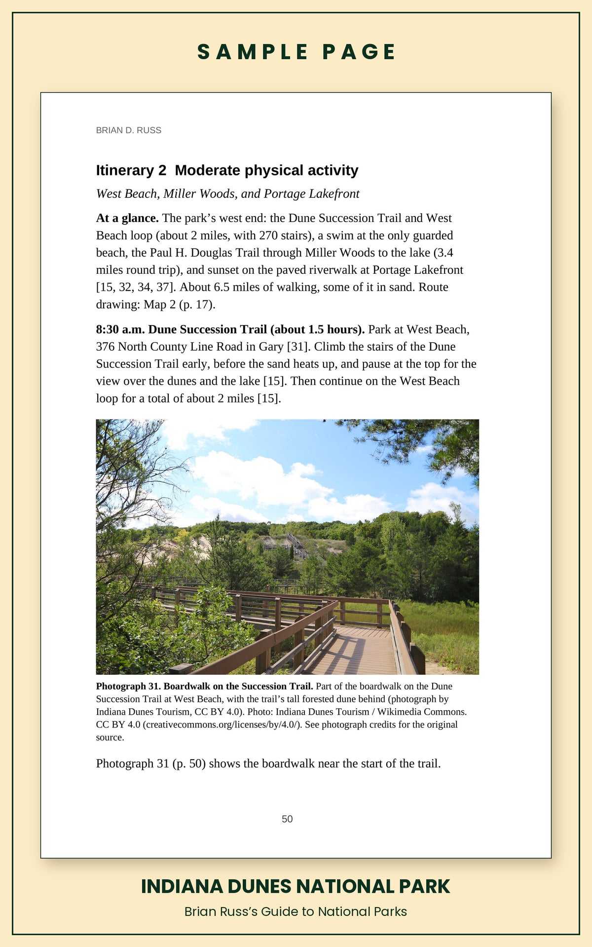 Sample page from the Indiana Dunes National Park guide, a day itinerary with times, distances, and a photograph: Boardwalk on the Succession Trail.