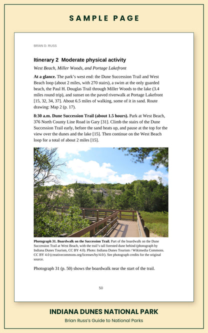 Sample page from the Indiana Dunes National Park guide, a day itinerary with times, distances, and a photograph: Boardwalk on the Succession Trail.