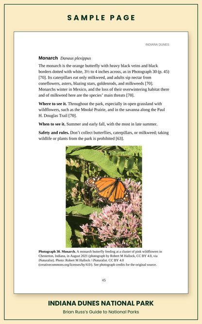 Sample page from the Indiana Dunes National Park guide, wildlife chapter. Entry: Monarch, with how to recognize it, where and when to see it, and a photograph.