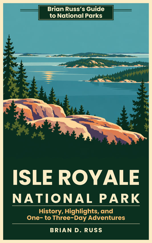 Front cover in a vintage screen-print poster style: pink granite rock ledges and dark spruce on the Lake Superior shore look out over deep blue water to low, spruce-covered islands under a teal sky, with sunlight glinting on the lake, above the title Isle Royale National Park.