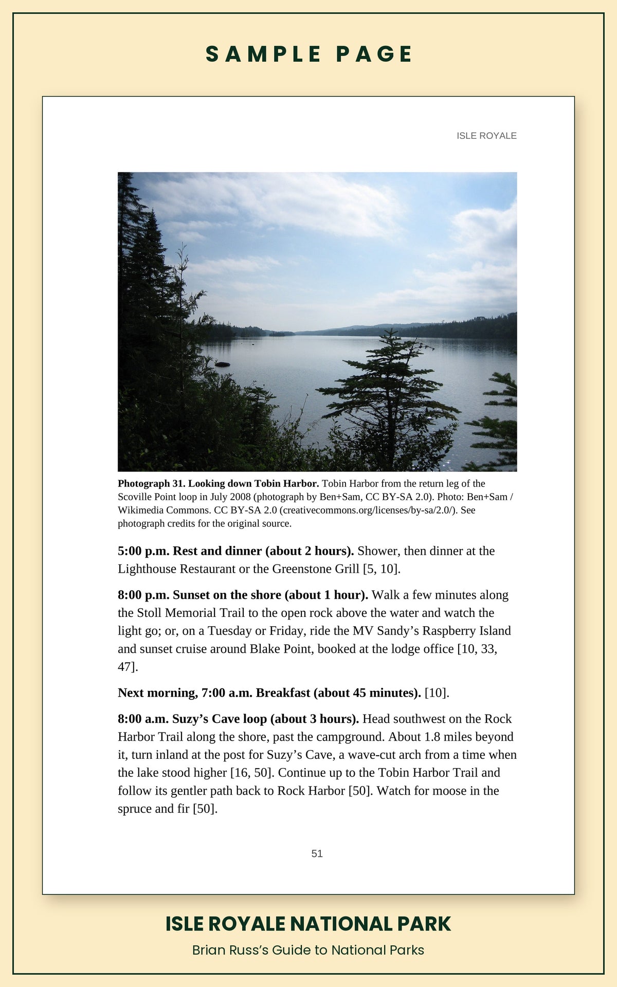 Sample page from the Isle Royale National Park guide, a day itinerary with times, distances, and a photograph: Looking down Tobin Harbor.