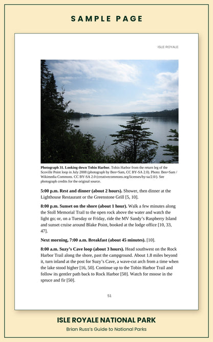 Sample page from the Isle Royale National Park guide, a day itinerary with times, distances, and a photograph: Looking down Tobin Harbor.