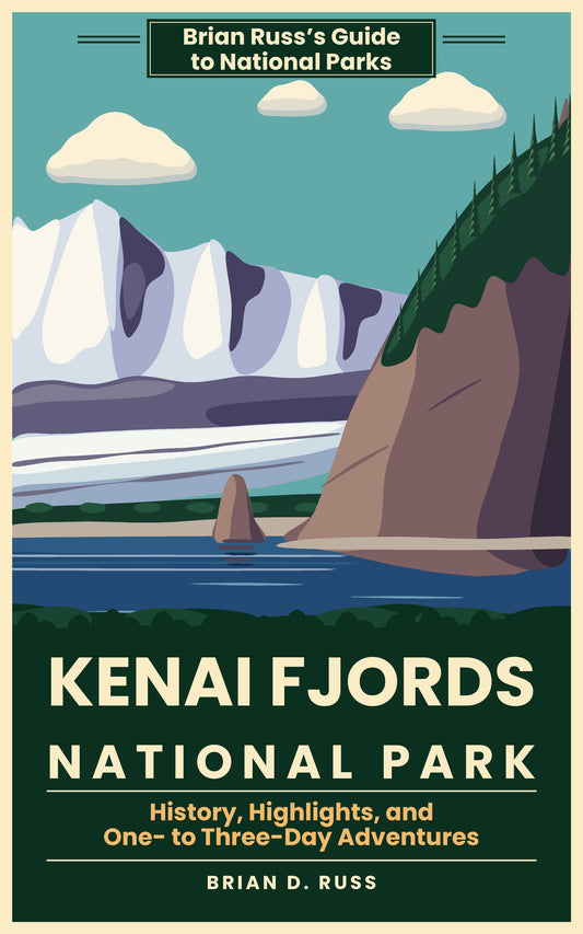 Illustrated cover in vintage travel-poster style: snowy peaks with lavender shadows above the broad white tongue of Bear Glacier, which runs to a beach and dark forest at the water, with a lone sea stack in a deep blue bay and a forested rock headland at the right, under a teal sky with cream clouds, with the title Kenai Fjords National Park.