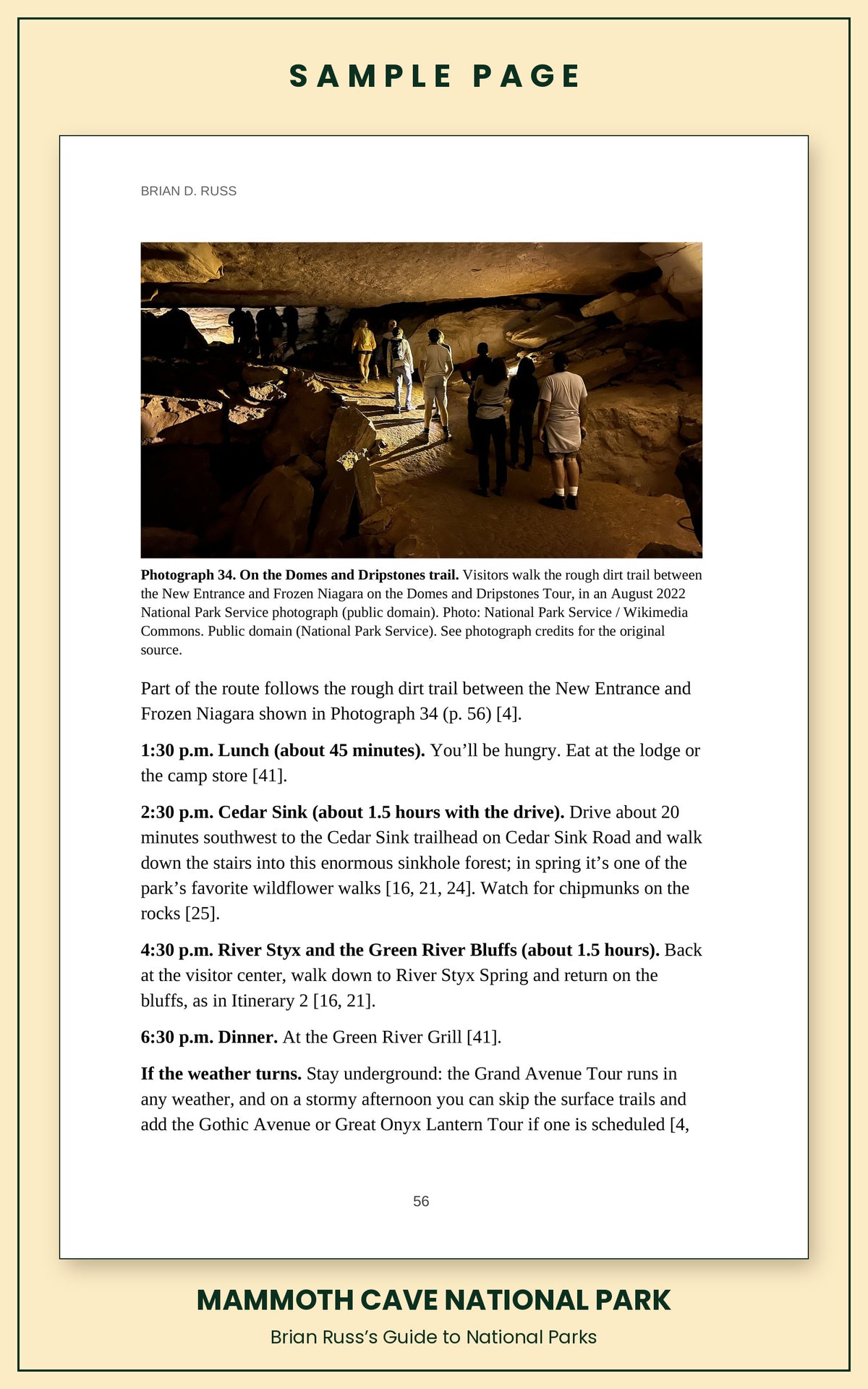 Sample page from the Mammoth Cave National Park guide, a day itinerary with times, distances, and a photograph: On the Domes and Dripstones trail.
