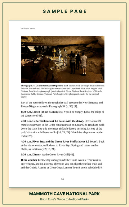 Sample page from the Mammoth Cave National Park guide, a day itinerary with times, distances, and a photograph: On the Domes and Dripstones trail.