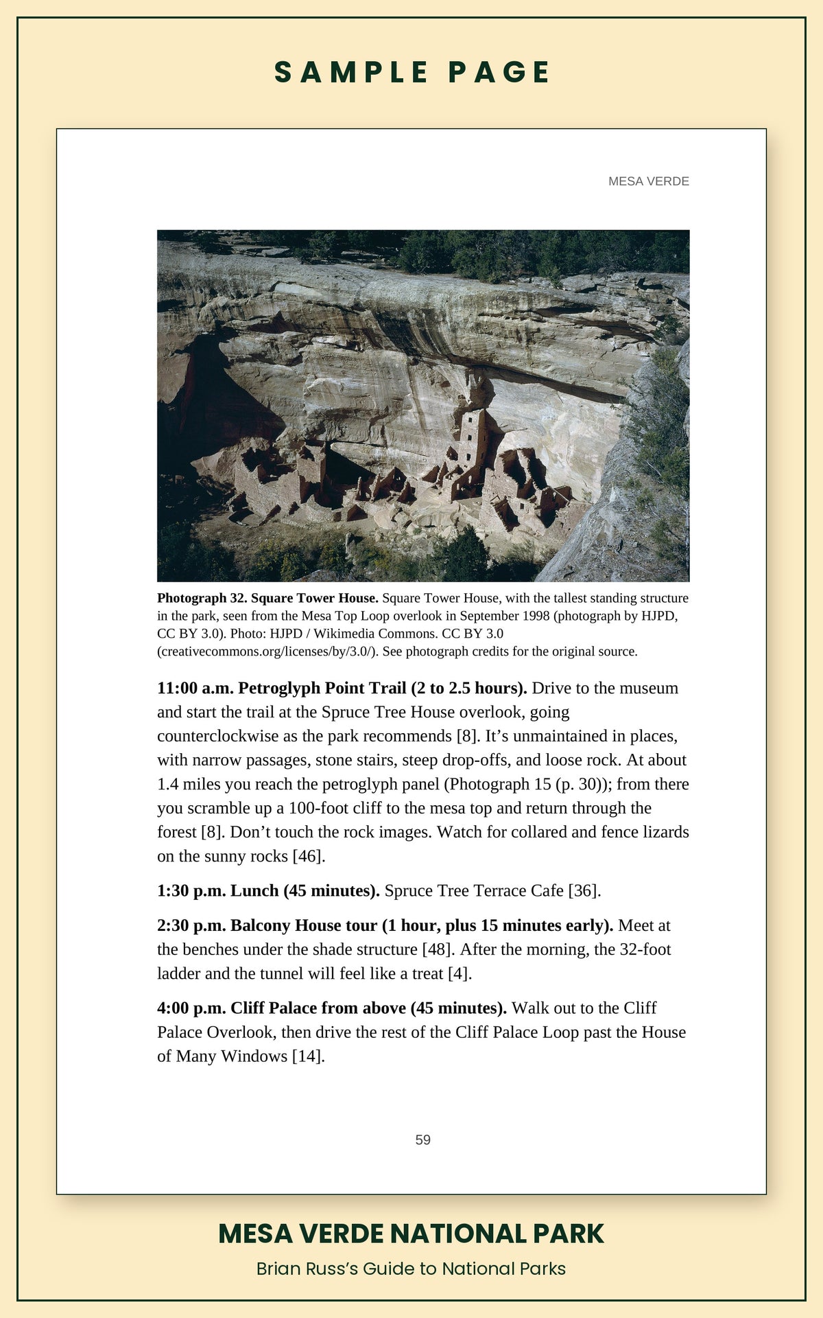 Sample page from the Mesa Verde National Park guide, a day itinerary with times, distances, and a photograph: Square Tower House.