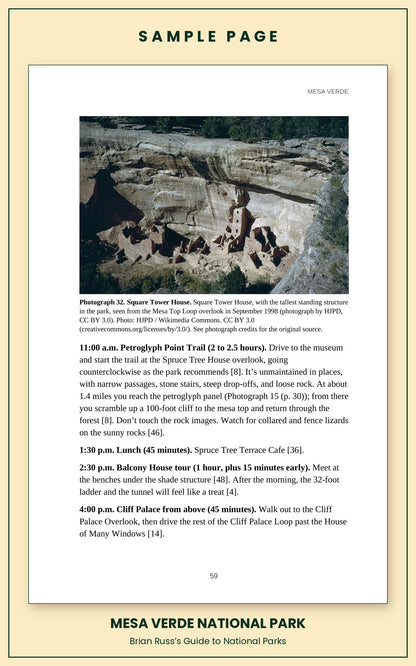 Sample page from the Mesa Verde National Park guide, a day itinerary with times, distances, and a photograph: Square Tower House.