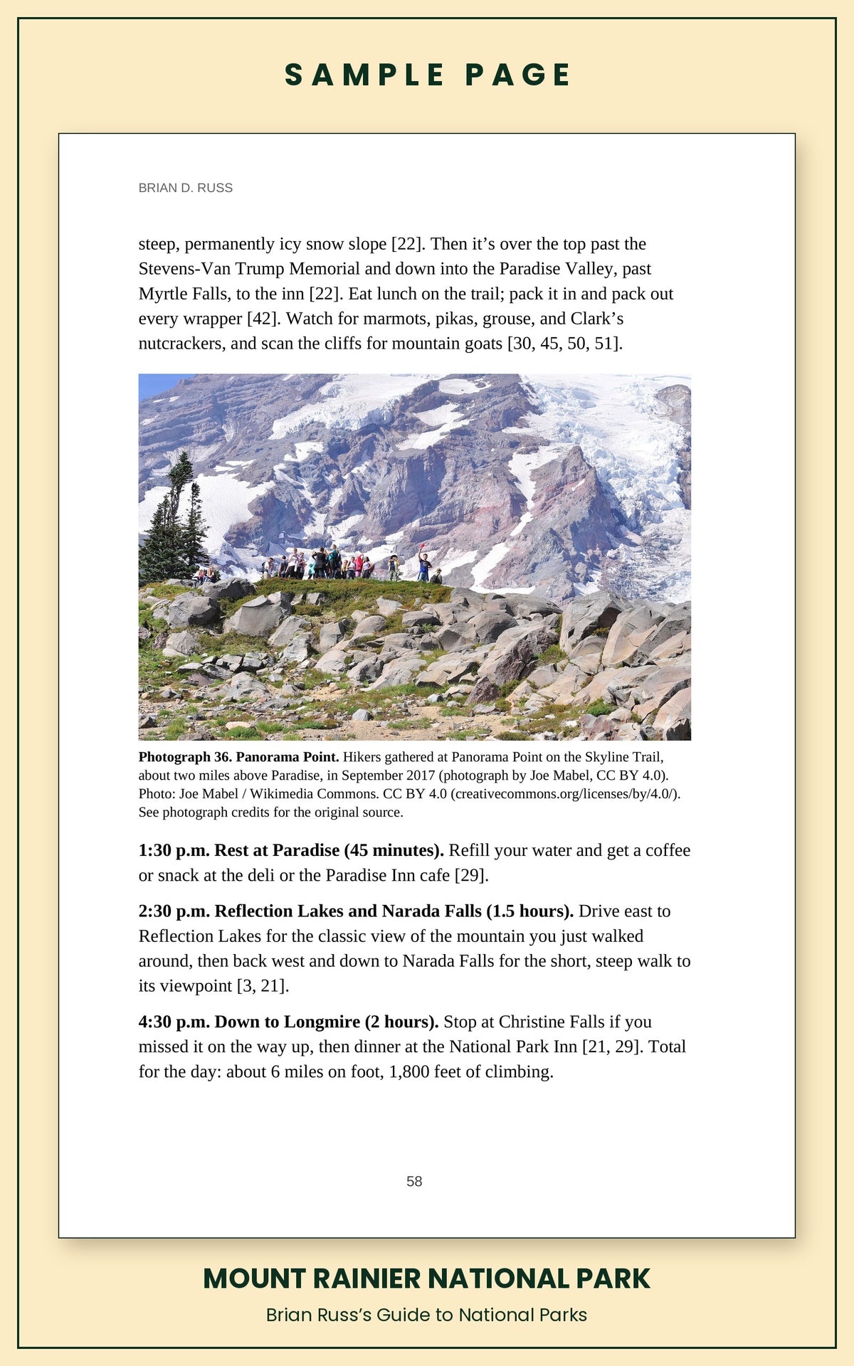 Sample page from the Mount Rainier National Park guide, a day itinerary with times, distances, and a photograph: Panorama Point.