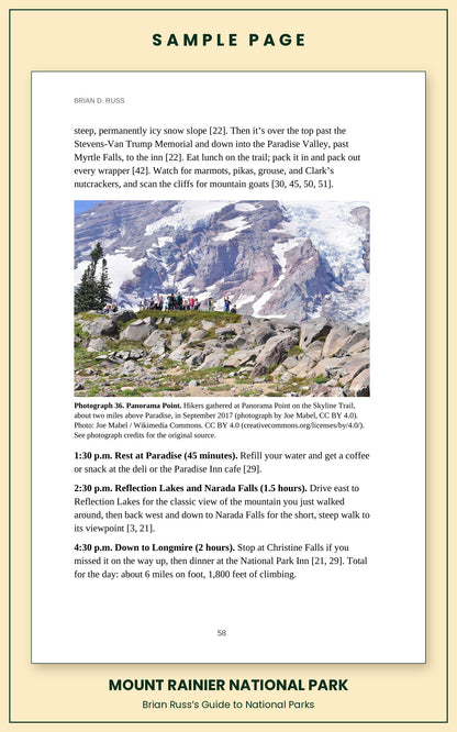 Sample page from the Mount Rainier National Park guide, a day itinerary with times, distances, and a photograph: Panorama Point.