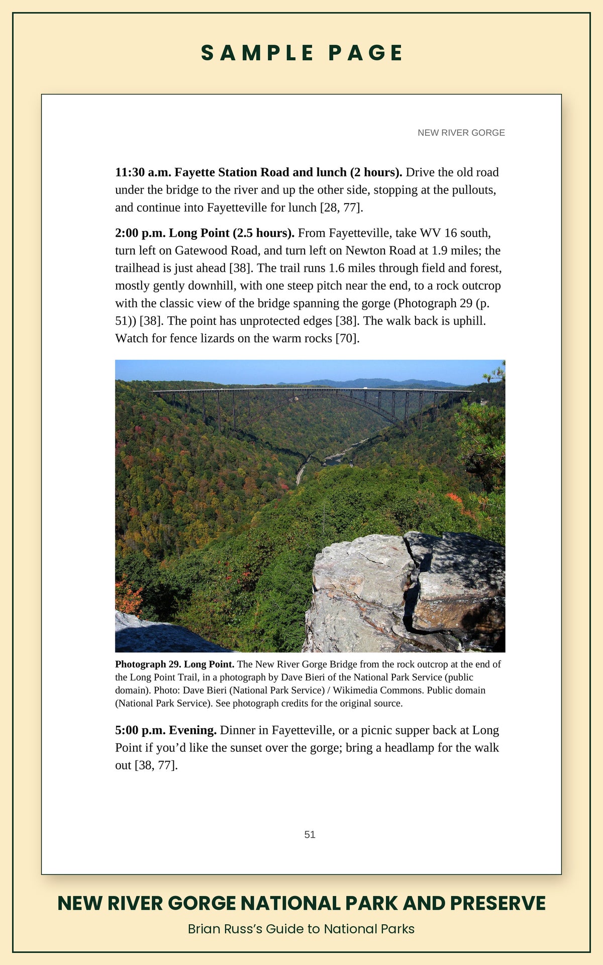 Sample page from the New River Gorge National Park and Preserve guide, a day itinerary with times, distances, and a photograph: Long Point.