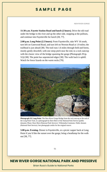 Sample page from the New River Gorge National Park and Preserve guide, a day itinerary with times, distances, and a photograph: Long Point.