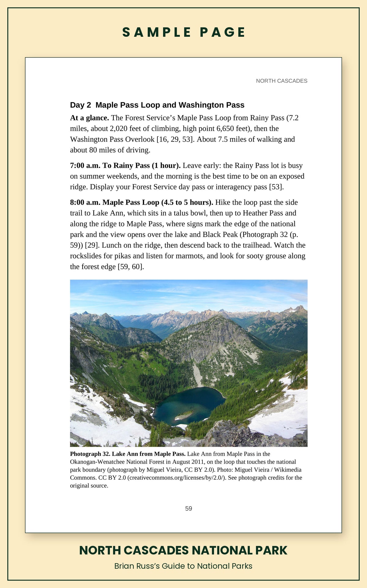 Sample page from the North Cascades National Park guide, a day itinerary with times, distances, and a photograph: Lake Ann from Maple Pass.