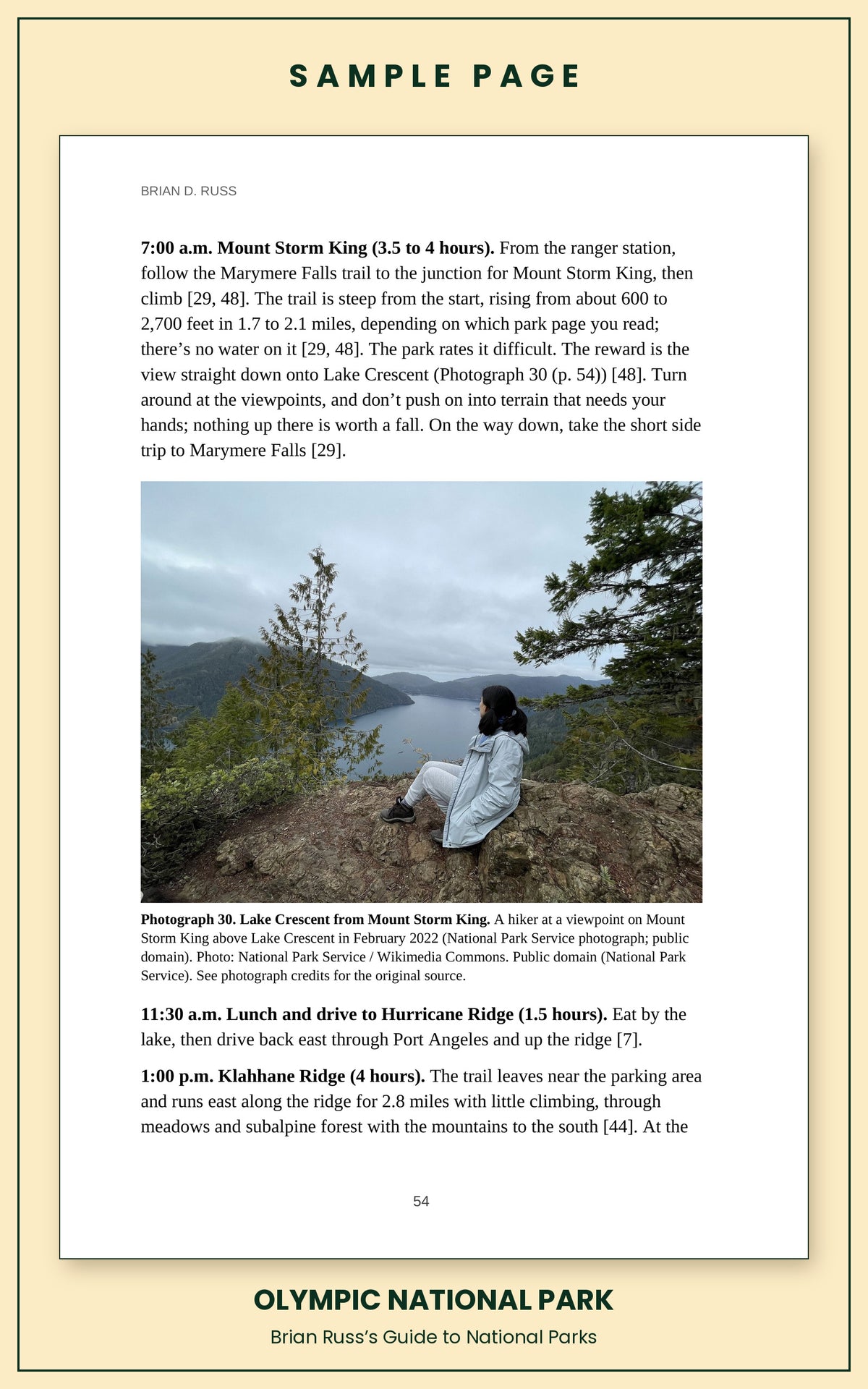 Sample page from the Olympic National Park guide, a day itinerary with times, distances, and a photograph: Lake Crescent from Mount Storm King.