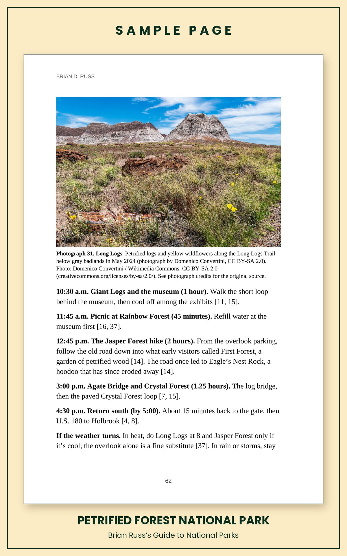 Sample page from the Petrified Forest National Park guide, a day itinerary with times, distances, and a photograph: Long Logs.