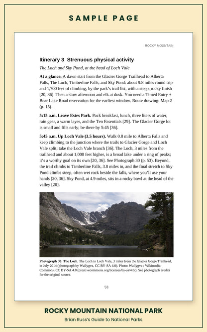 Sample page from the Rocky Mountain National Park guide, a day itinerary with times, distances, and a photograph: The Loch.