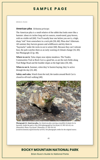 Sample page from the Rocky Mountain National Park guide, wildlife chapter. Entry: American pika, with how to recognize it, where and when to see it, and a photograph.