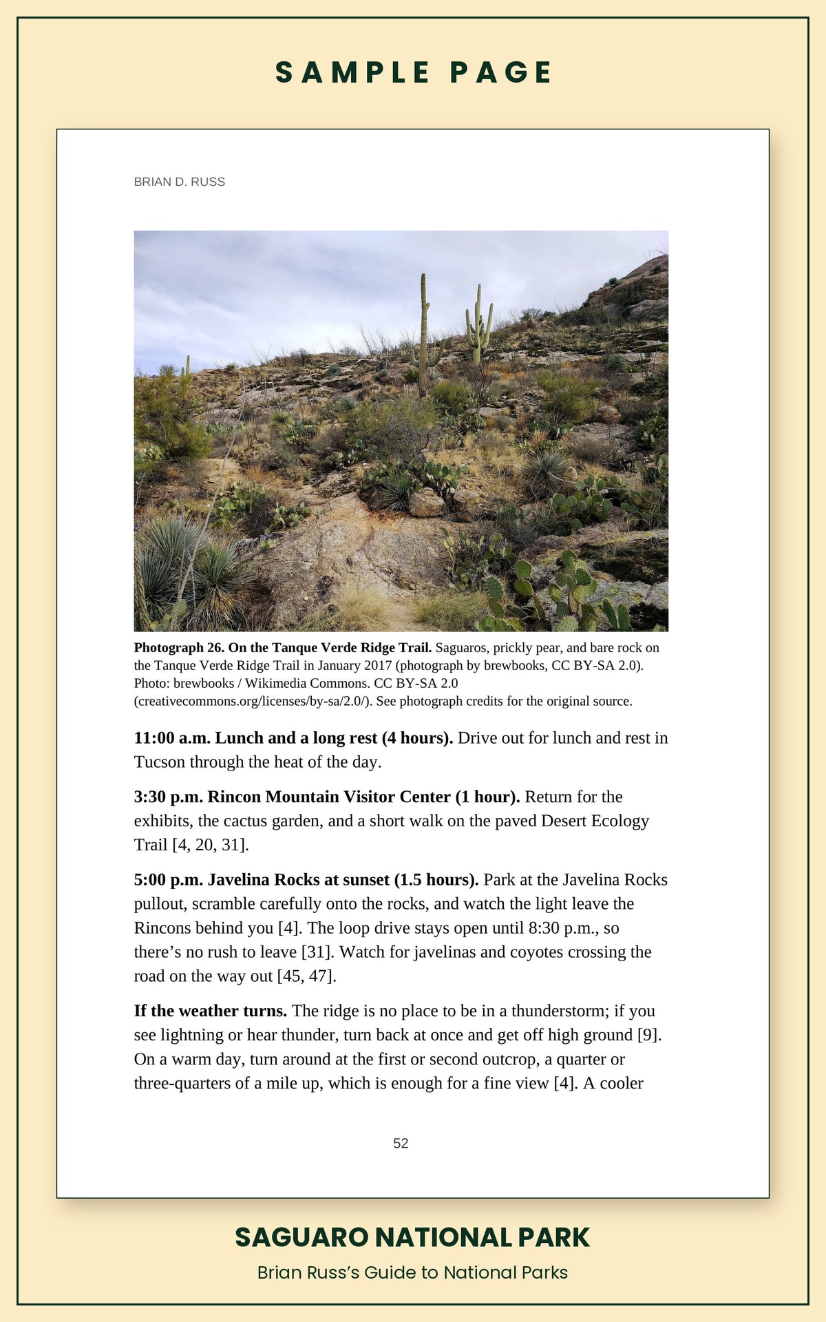 Sample page from the Saguaro National Park guide, a day itinerary with times, distances, and a photograph: On the Tanque Verde Ridge Trail.