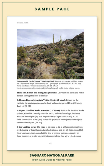 Sample page from the Saguaro National Park guide, a day itinerary with times, distances, and a photograph: On the Tanque Verde Ridge Trail.