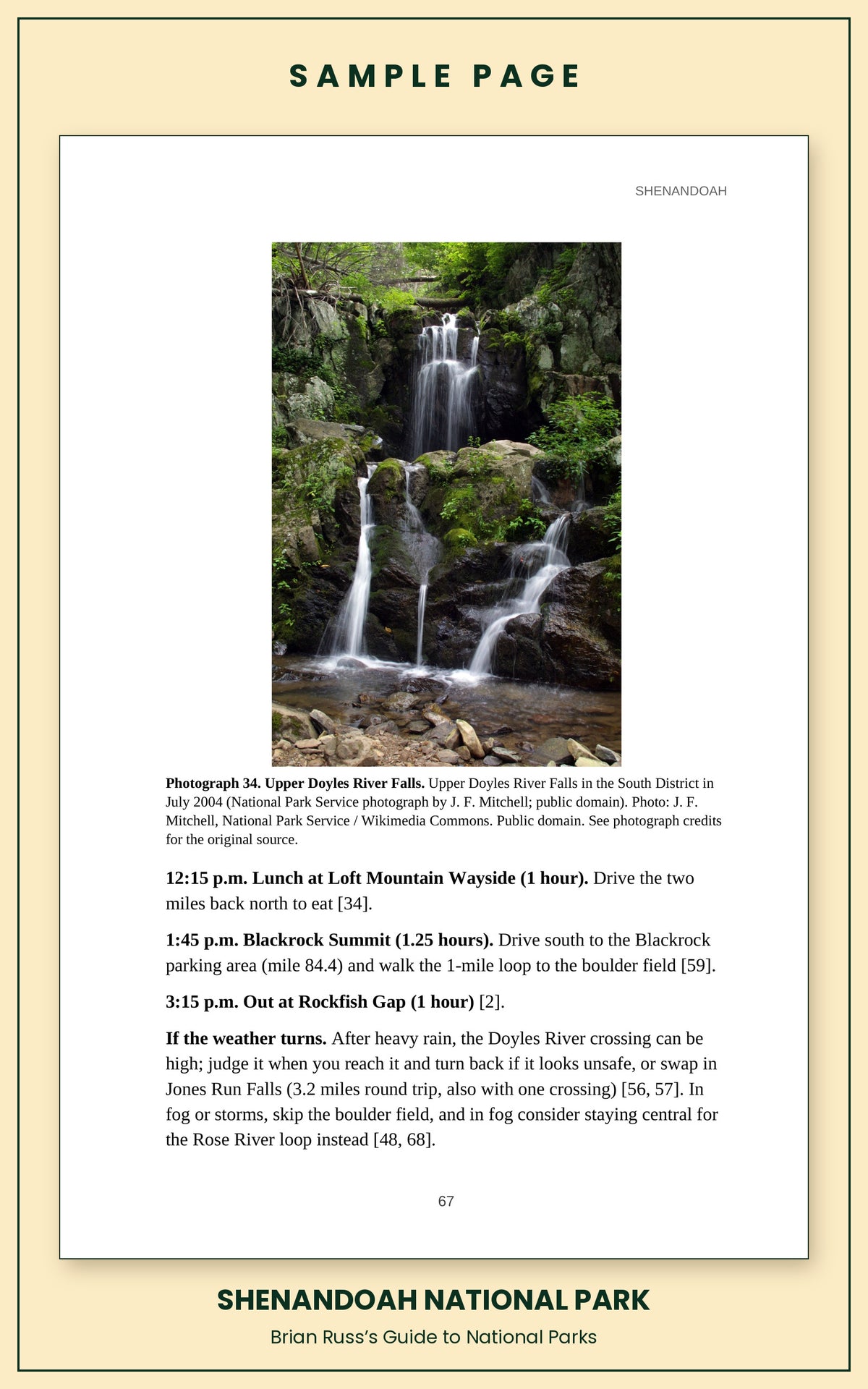 Sample page from the Shenandoah National Park guide, a day itinerary with times, distances, and a photograph: Upper Doyles River Falls.