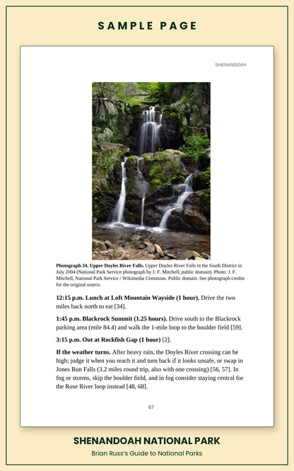 Sample page from the Shenandoah National Park guide, a day itinerary with times, distances, and a photograph: Upper Doyles River Falls.