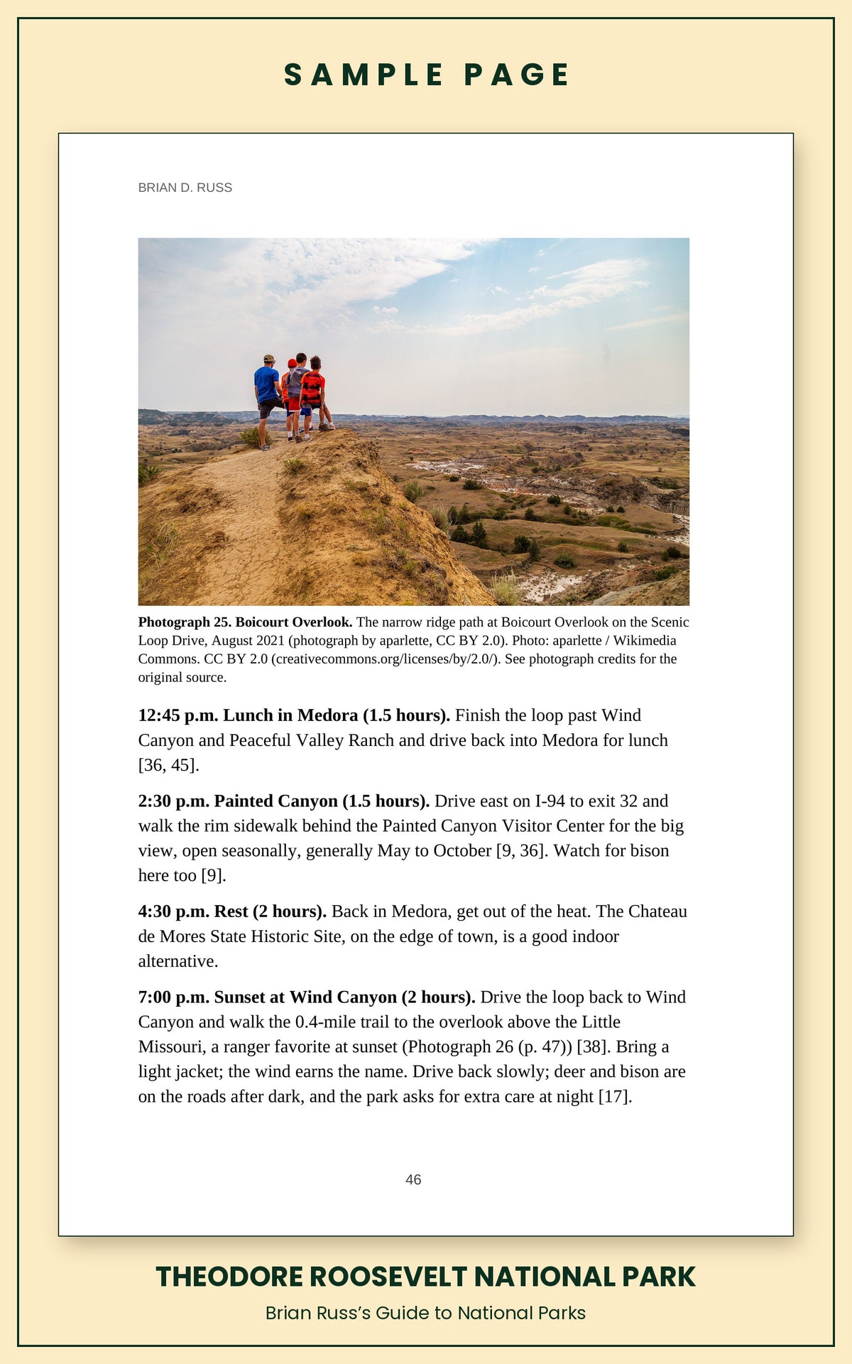 Sample page from the Theodore Roosevelt National Park guide, a day itinerary with times, distances, and a photograph: Boicourt Overlook.