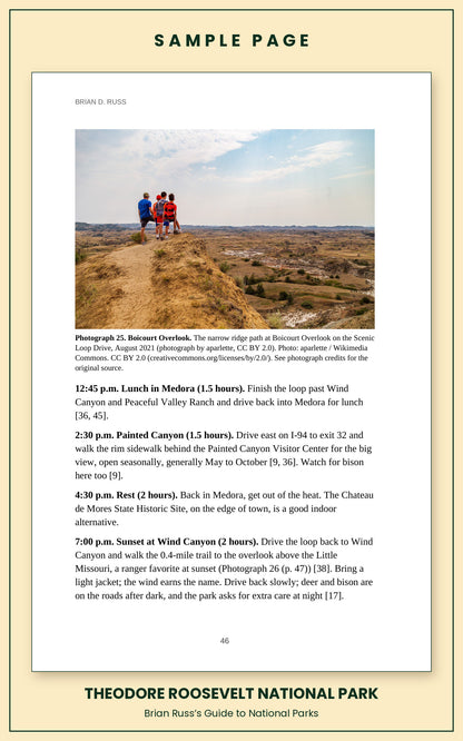 Sample page from the Theodore Roosevelt National Park guide, a day itinerary with times, distances, and a photograph: Boicourt Overlook.