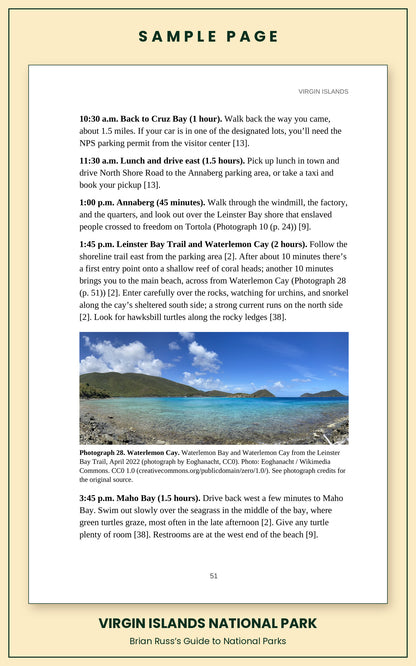 Sample page from the Virgin Islands National Park guide, a day itinerary with times, distances, and a photograph: Waterlemon Cay.