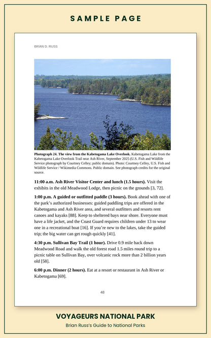 Sample page from the Voyageurs National Park guide, a day itinerary with times, distances, and a photograph: The view from the Kabetogama Lake Overlook.